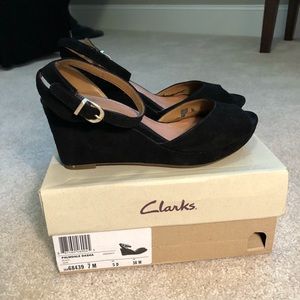 Clarks black suede platform wedge sandal
